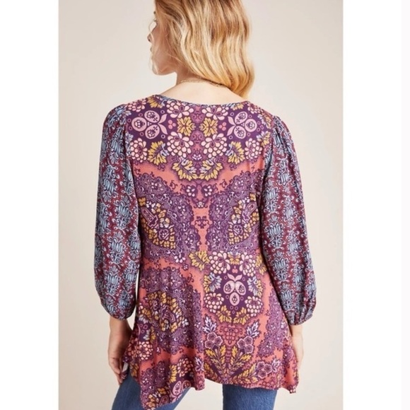 ANTHROPOLOGIE Maeve Purple Boho Mariela Mixed Pattern Flowy Tunic Top - Picture 2 of 9